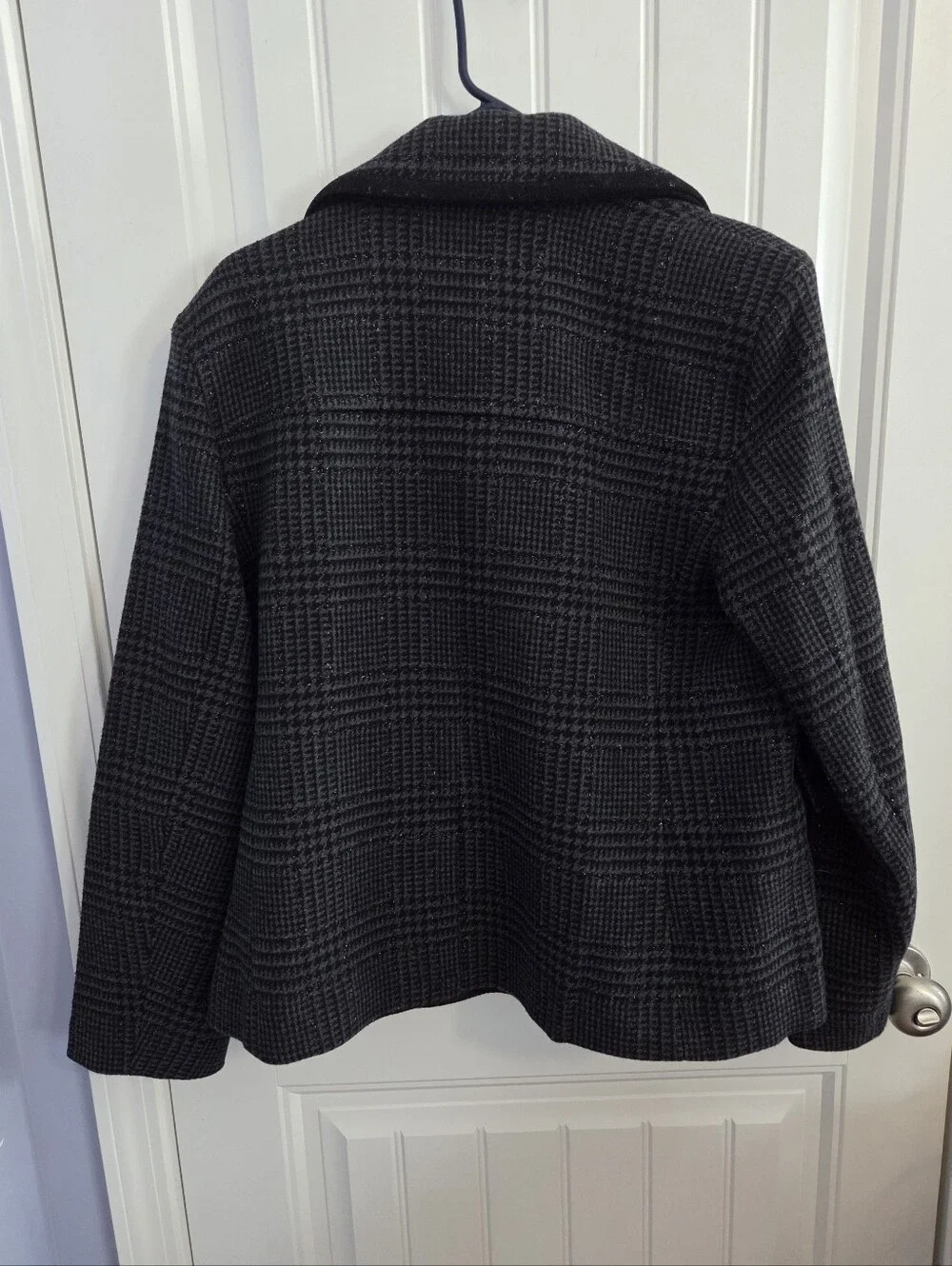 NWT Kate Spade Womens L Black Gray Sparkle Tweed Houndstooth Pea Coat Wool